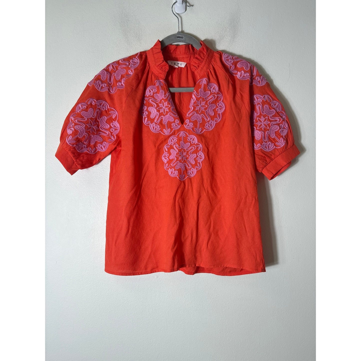 THML Orange With Pink Embroidery Short Sleeve Blouse Sz S