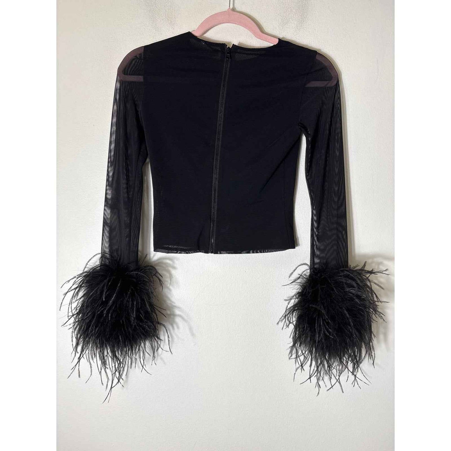 Alice + Olivia Black Mesh Long Sleeve Feather Cuff Shirt Sz XS
