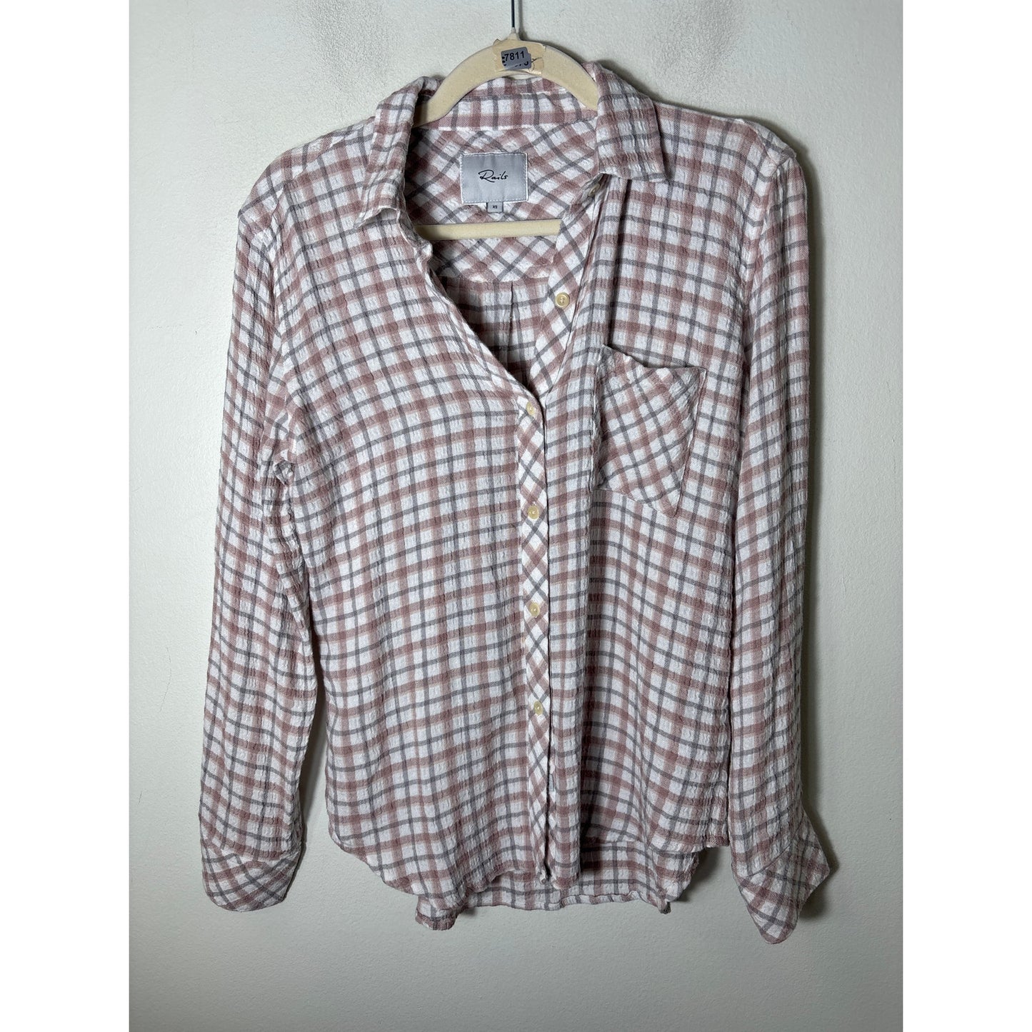Rails Gray and Blush "Brady" Long Sleeve Button Up Shirt Sz XS
