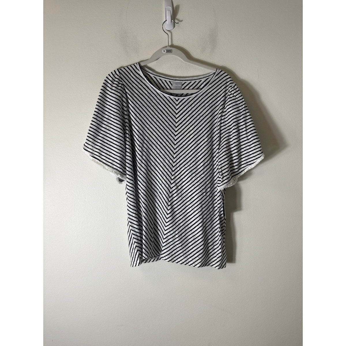 NWT Chico's Black White Stripe Short Sleeve Linen Top Sz L