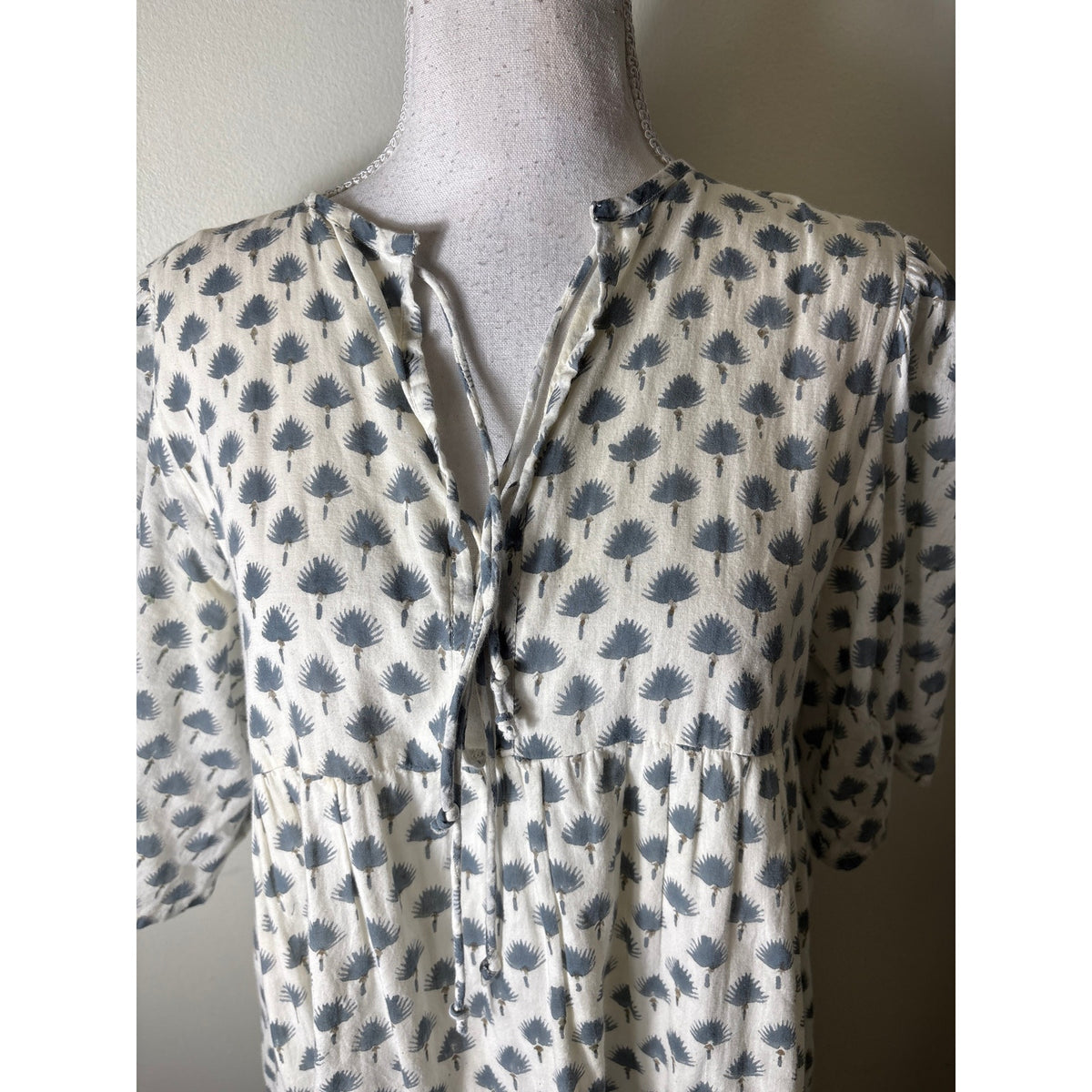Emerson Fry / India Collection Blue and Cream Palm Block Print Tiered Dress Sz XS/S