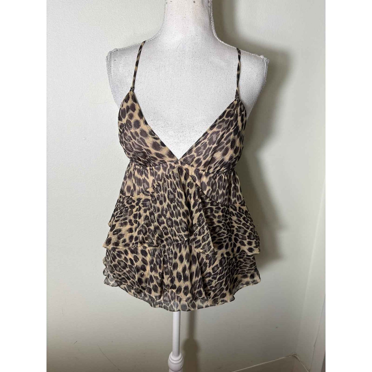 Rebecca Taylor Tan Gray Cheetah Print Spaghetti Strap Silk Top Sz 4