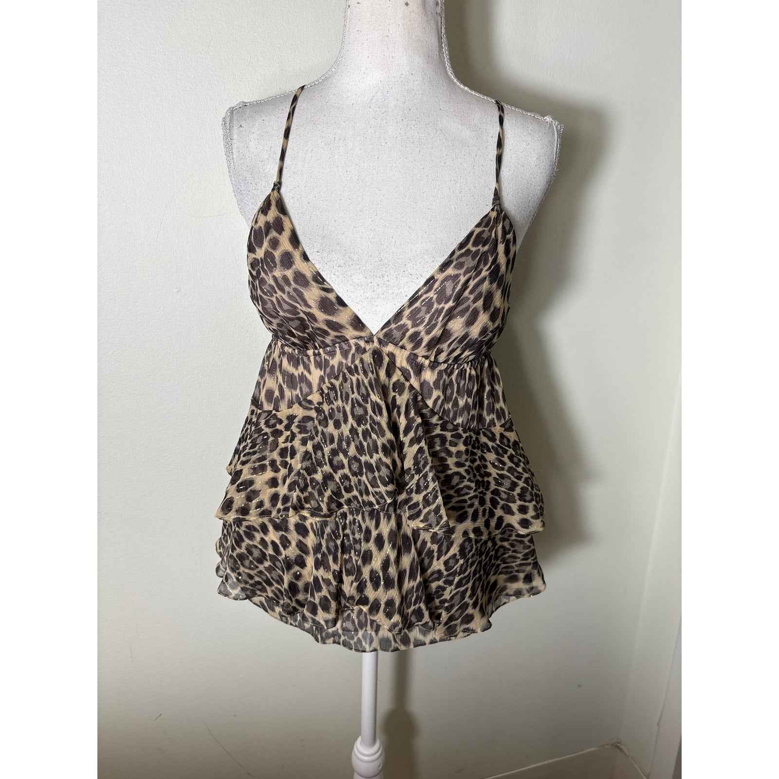 Rebecca Taylor Tan Gray Cheetah Print Spaghetti Strap Silk Top Sz 4