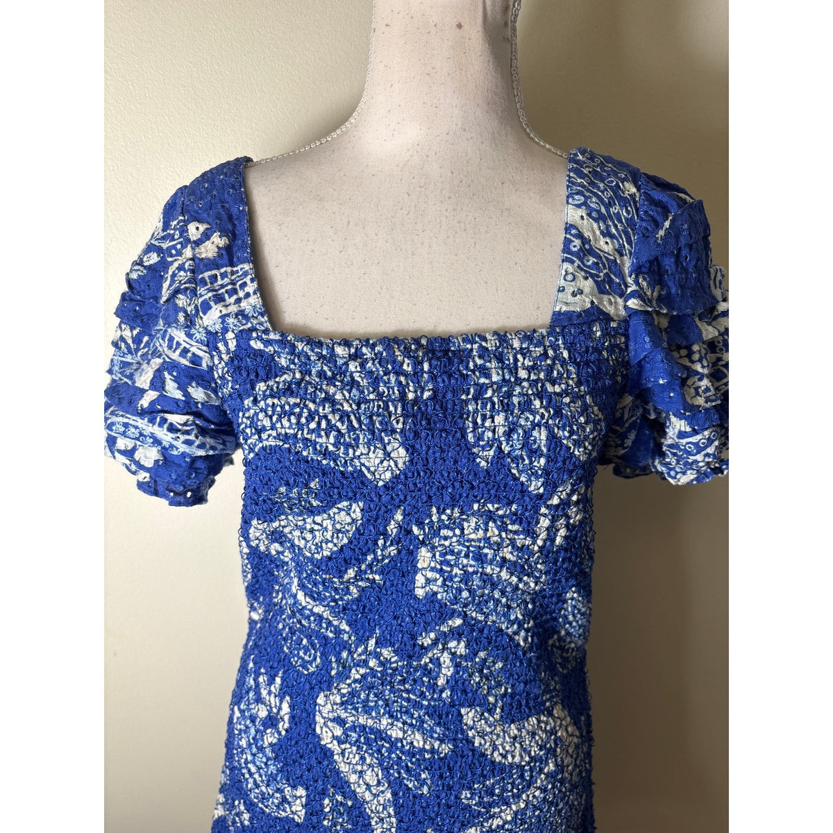 Farm Rio Blue White Smocked Flutter Sleeve Mini Dress Sz M