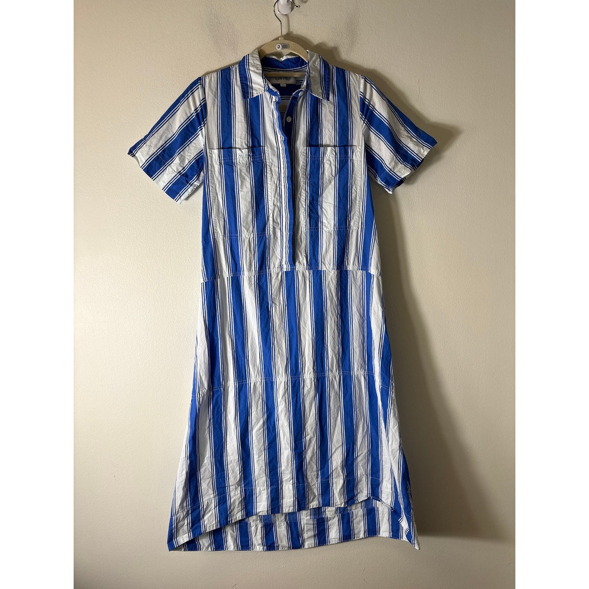 LIVRO Blue WHITE Stripe Cotton Short Sleeve button Up Maxi Dress Sz XS