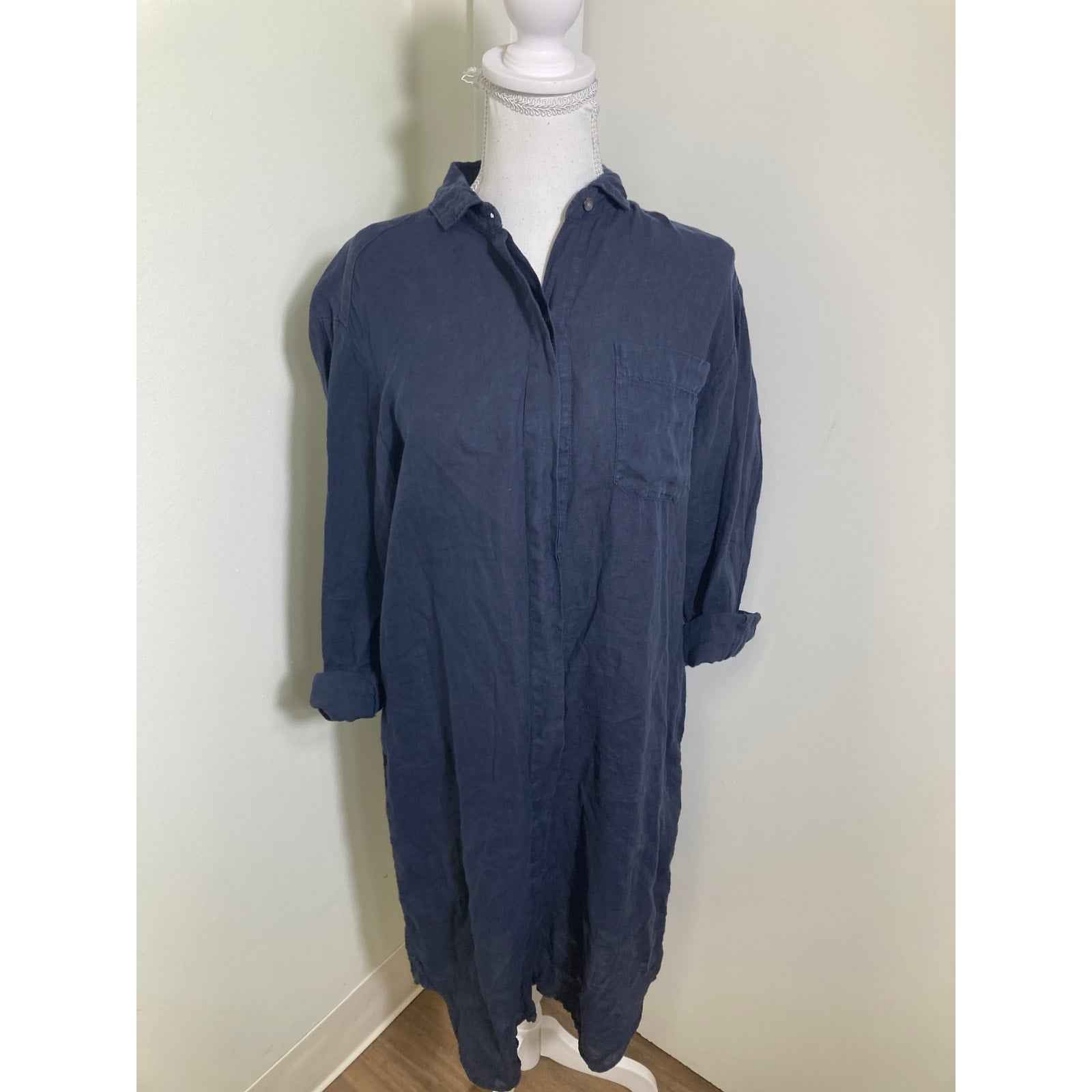 Hartford Navy Linen Long Sleeve Maxi button Up Dress Sz 0