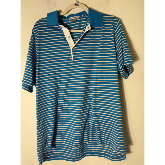 Peter Millar Blue White Gold Stripe Short Sleeve Performance Golf Shirt Sz M