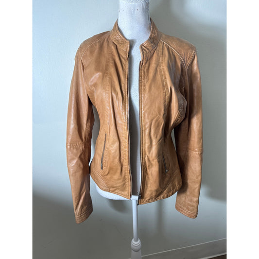 Overland Camel Colored Long Sleeve Cropped Style Leather Jacket Sz M