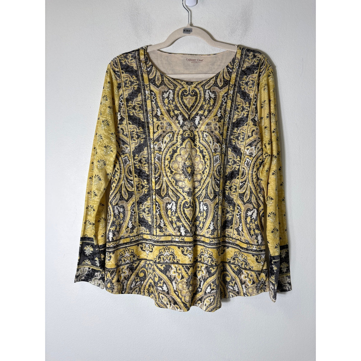 Coldwater Creek Yellow and Tan Design Tee Sz L