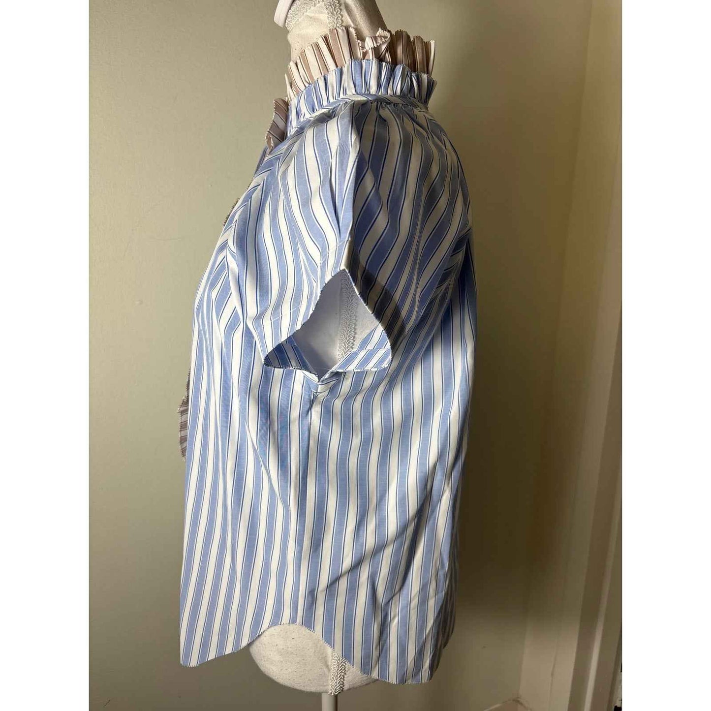 Sundays Blue Tan Stripe Cap Sleeve Button Up Ruffled High Collar Sz S