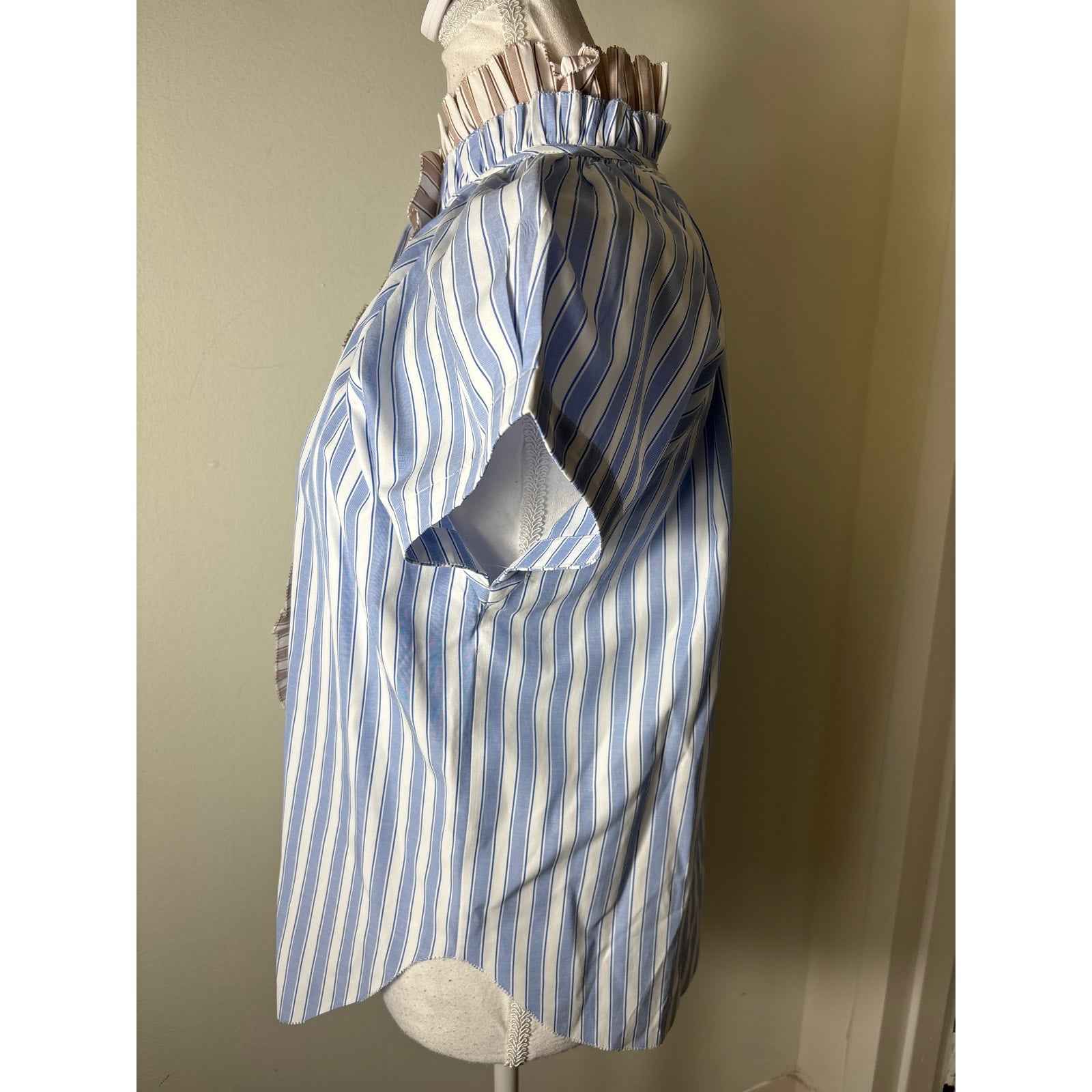 Sundays Blue Tan Stripe Cap Sleeve Button Up Ruffled High Collar Sz S
