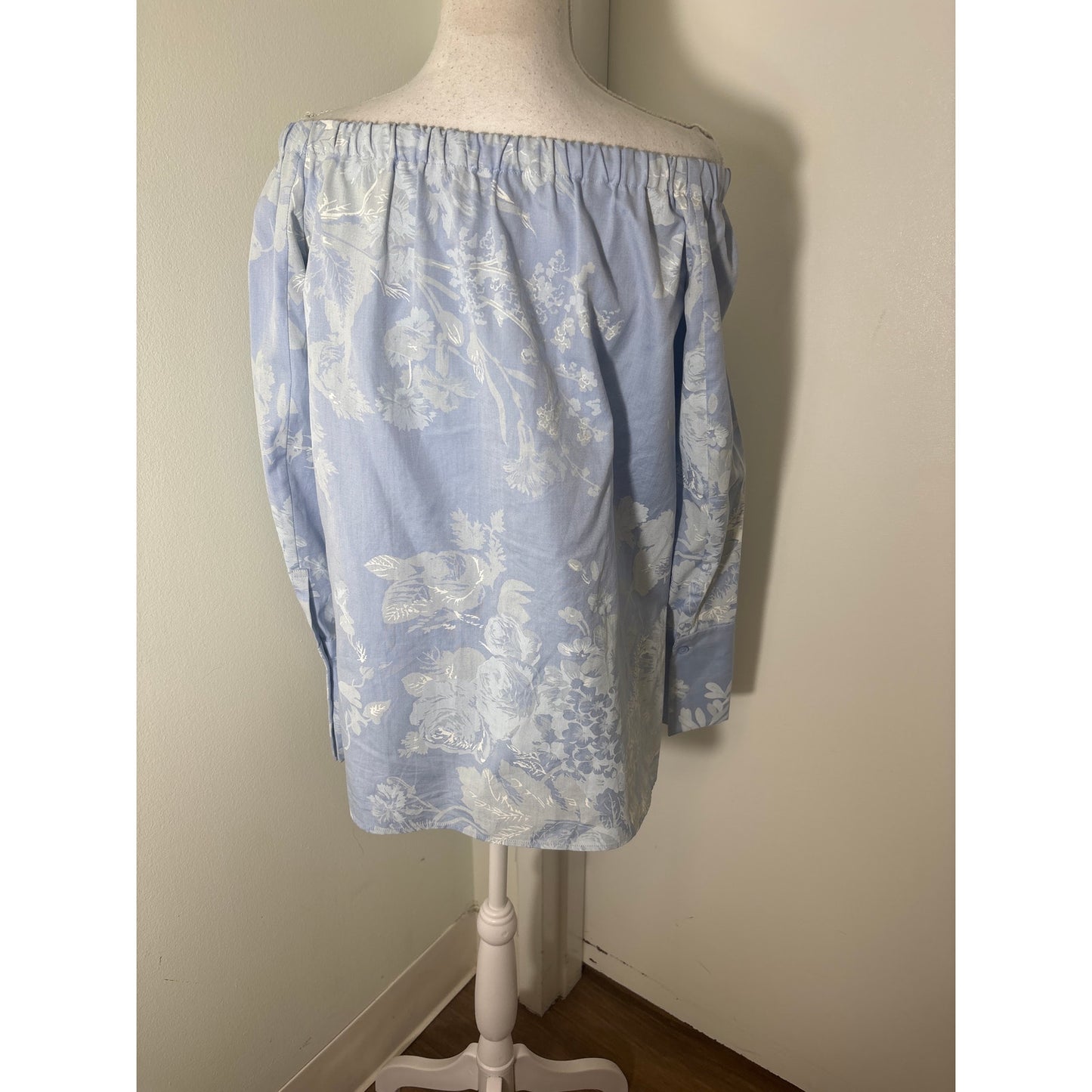 Lafayette 148 Light Blue Floral Long Sleeve Off The Shoulder Shirt Sz S