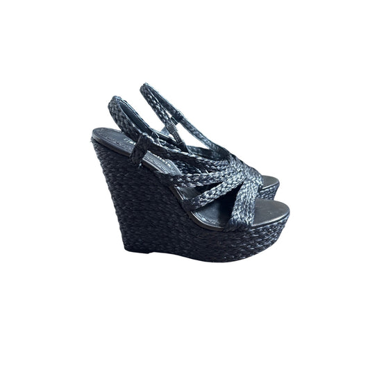 Alice + Olivia Black Raffia Platform Wedge Sandal Sz 7