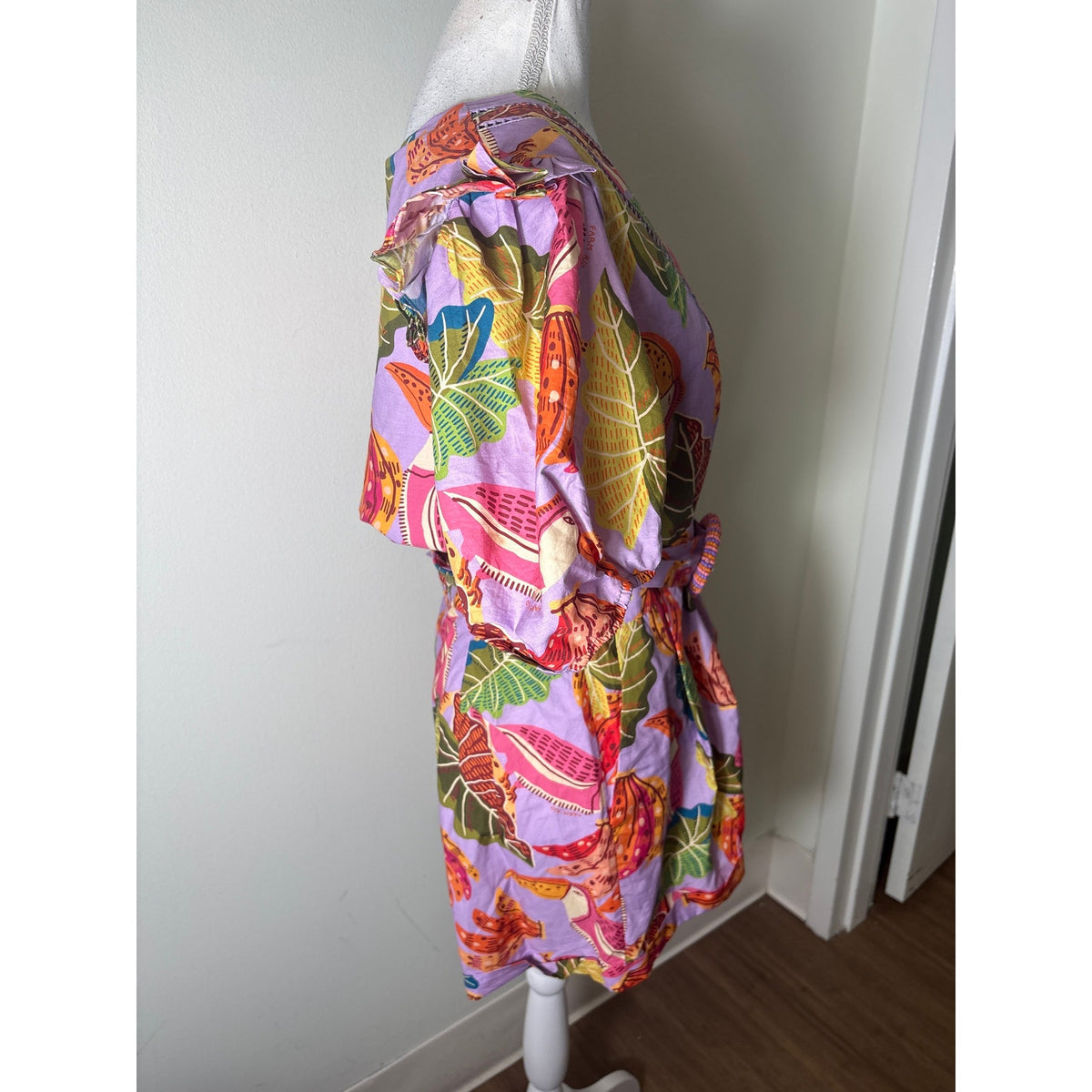 Farm Rio Purple Toucan Print Half Puff Sleeve Cotton Romper Sz L
