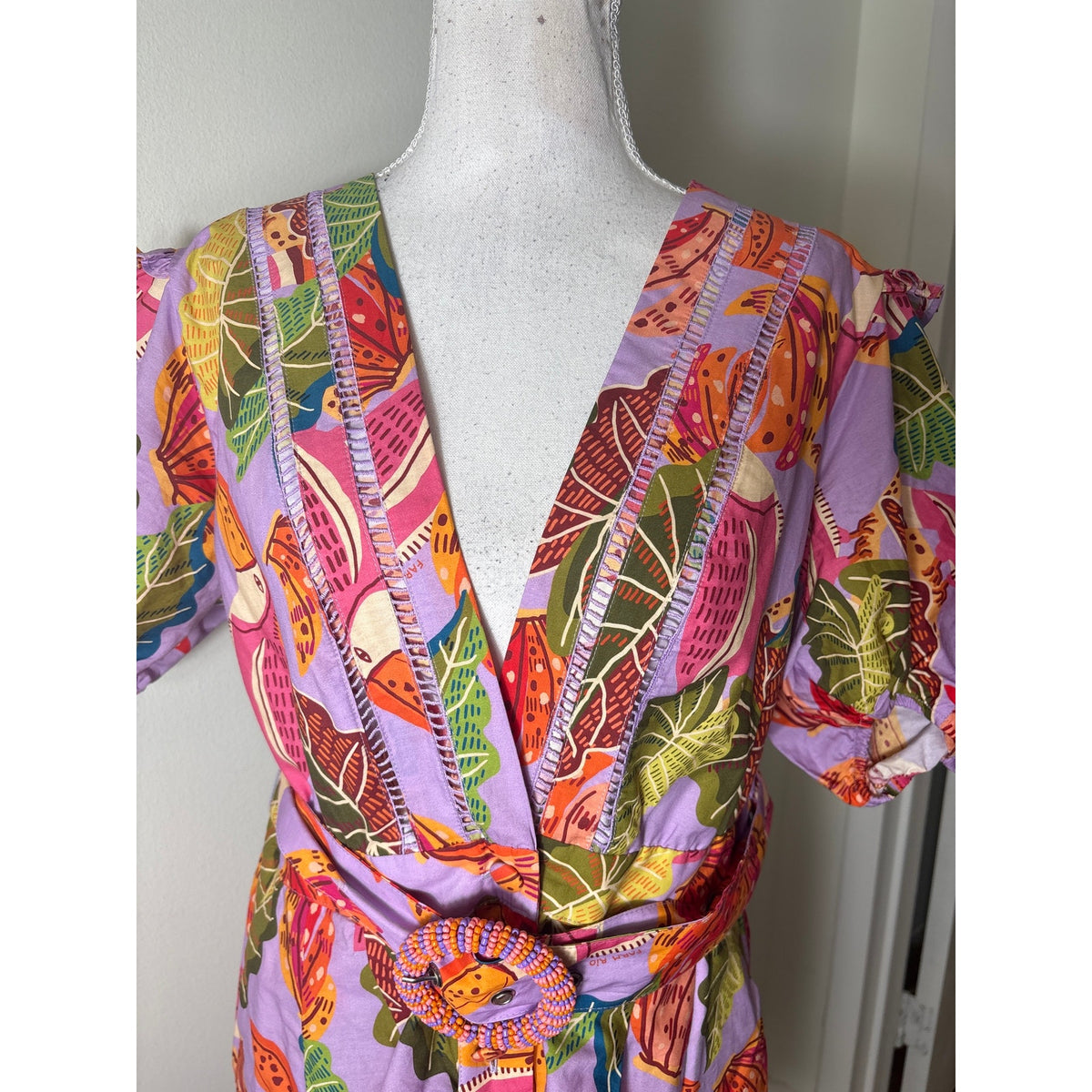 Farm Rio Purple Toucan Print Half Puff Sleeve Cotton Romper Sz L