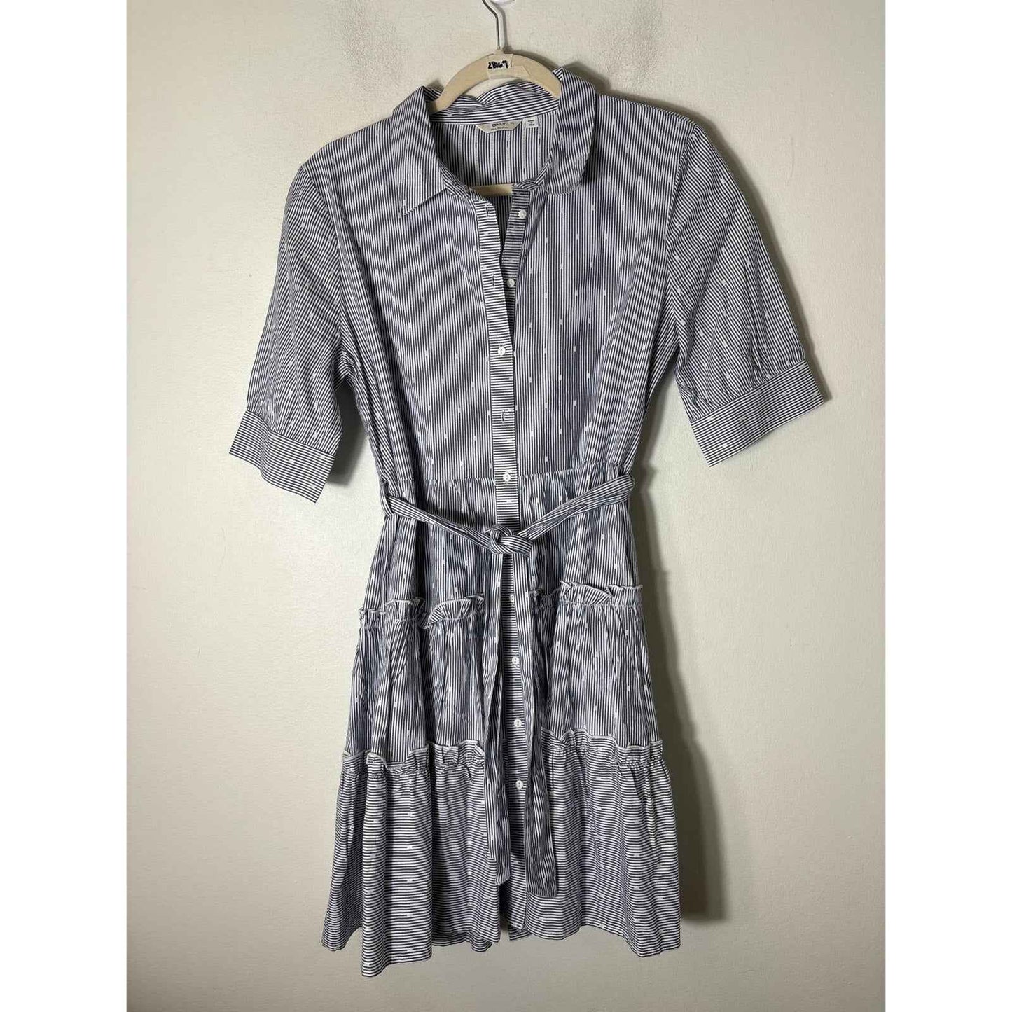 Only Blue Denim Blue and White Stripe Half Sleeve Button Dress Sz 38