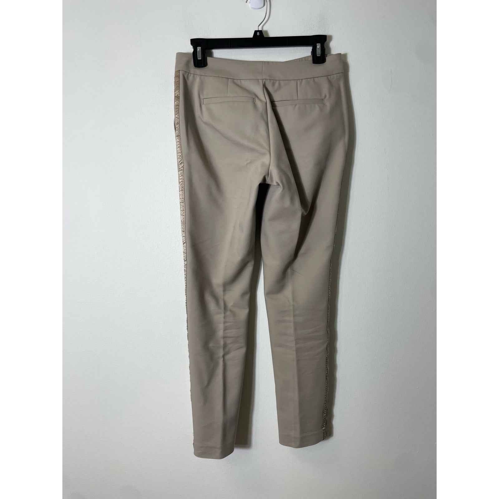Ecru Taupe Flat Front Pants With Gold Side Strip Detail Sz 2