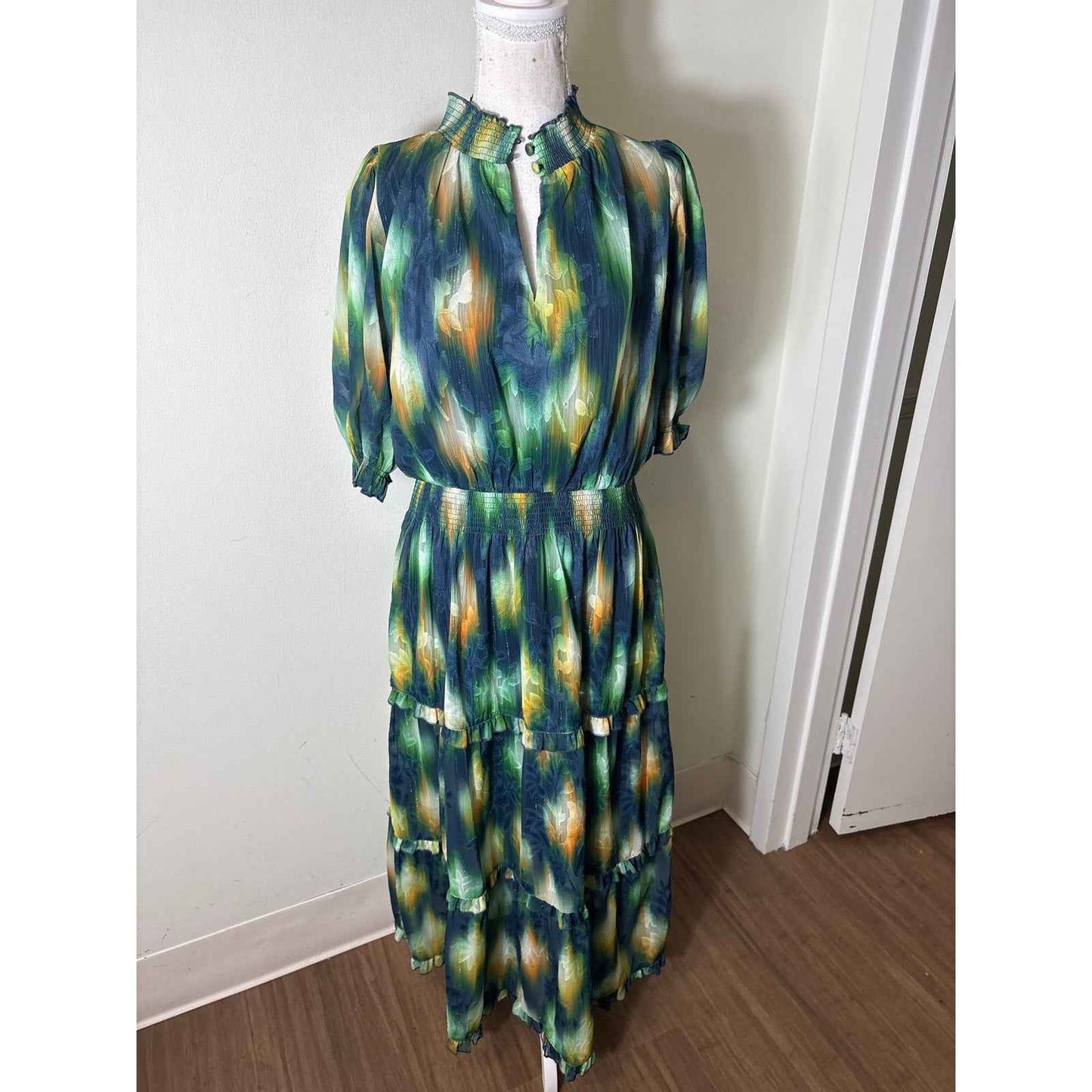 Abbeyglass Navy Green Watercolor 3/4 Sleeve Maxi Dress Sz L