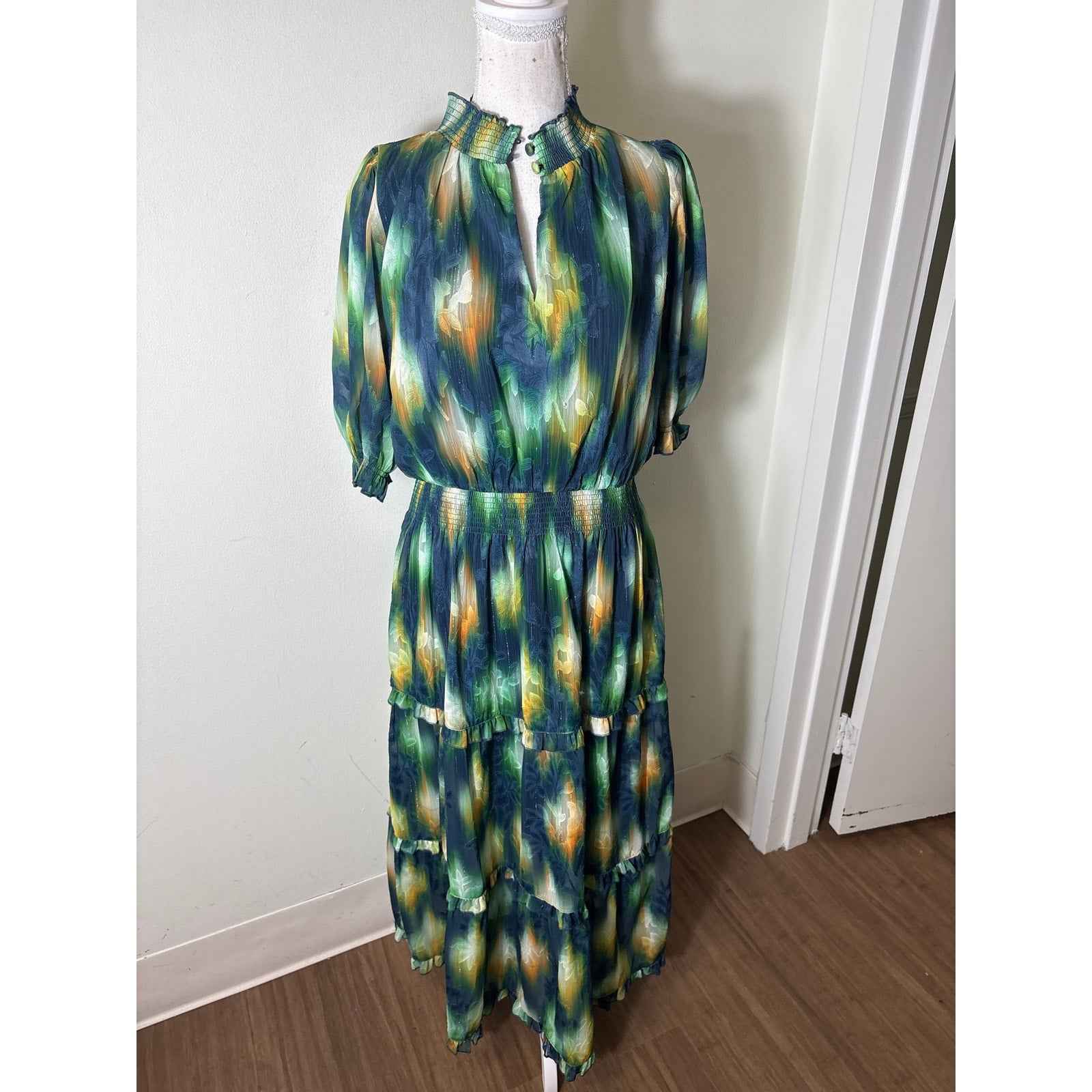Abbeyglass Navy Green Watercolor 3/4 Sleeve Maxi Dress Sz L