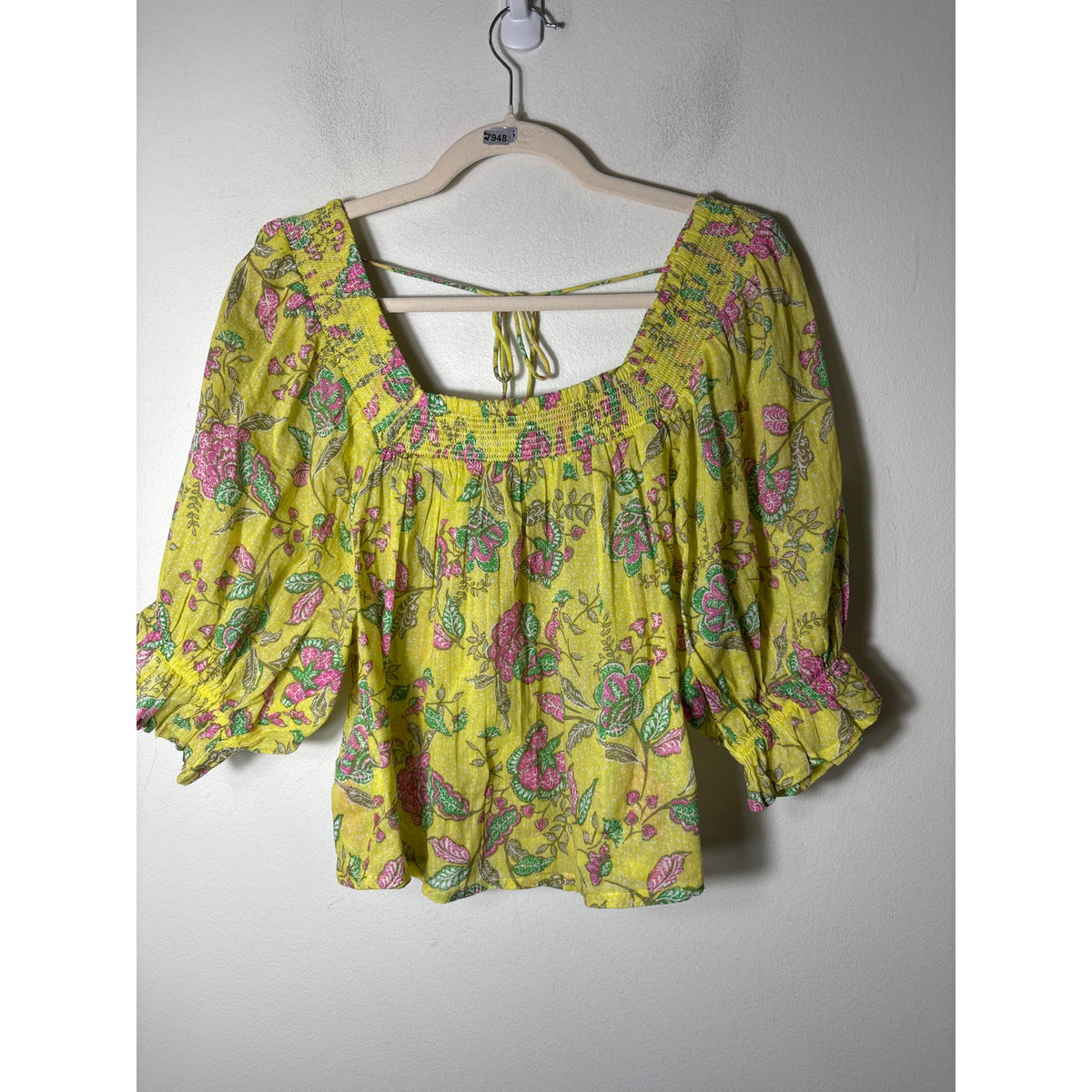 SUNDRY Yellow Pink Floral Puff Sleeve Cotton Top Sz 2