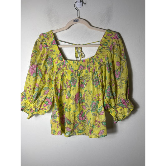 SUNDRY Yellow Pink Floral Puff Sleeve Cotton Top Sz 2