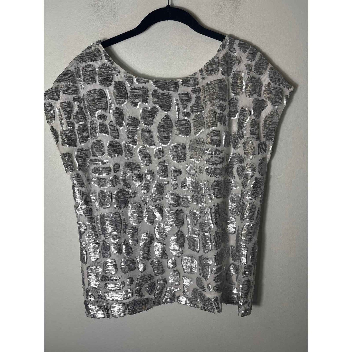 Vince Camuto Small Silver Sequin Cap Sleeve Mesh Shirt Sz M