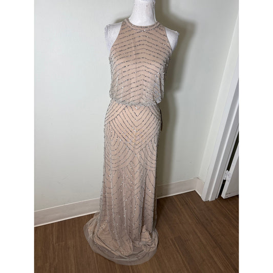 NWT Adrianna Papell Silver Sequin Nude Halter Gown Sz 0