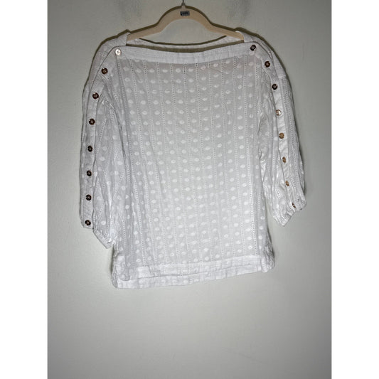 Buru White Cotton Eyelet 3/4 Sleeve Shirt Sz M
