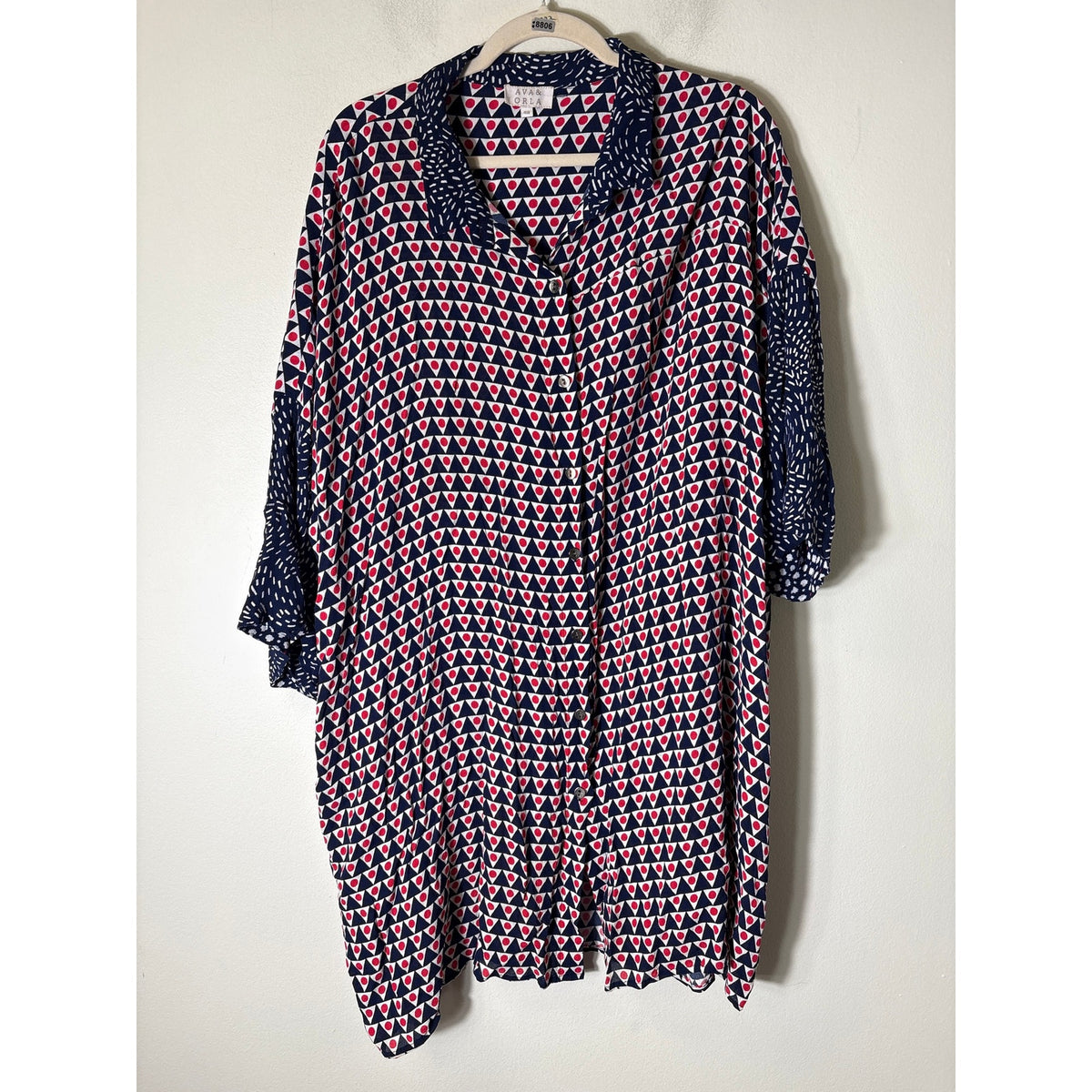Ava & Orla Navy Red Dot Short Sleeve Button Up Knee Length Dress Sz 48
