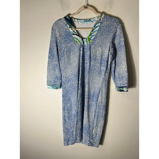 J. McLaughlin Blue White Print 3/4 Sleeve Shift Dress Sz S