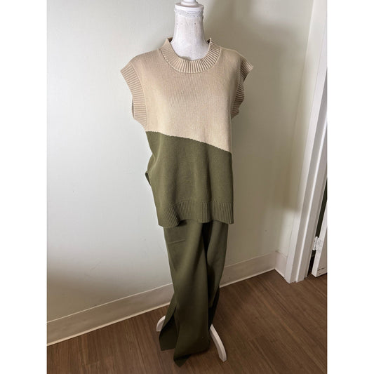 ARCAA Tan and Dark Green Colorblock Sleeveless Knit Sweater and Pants Set Sz XS