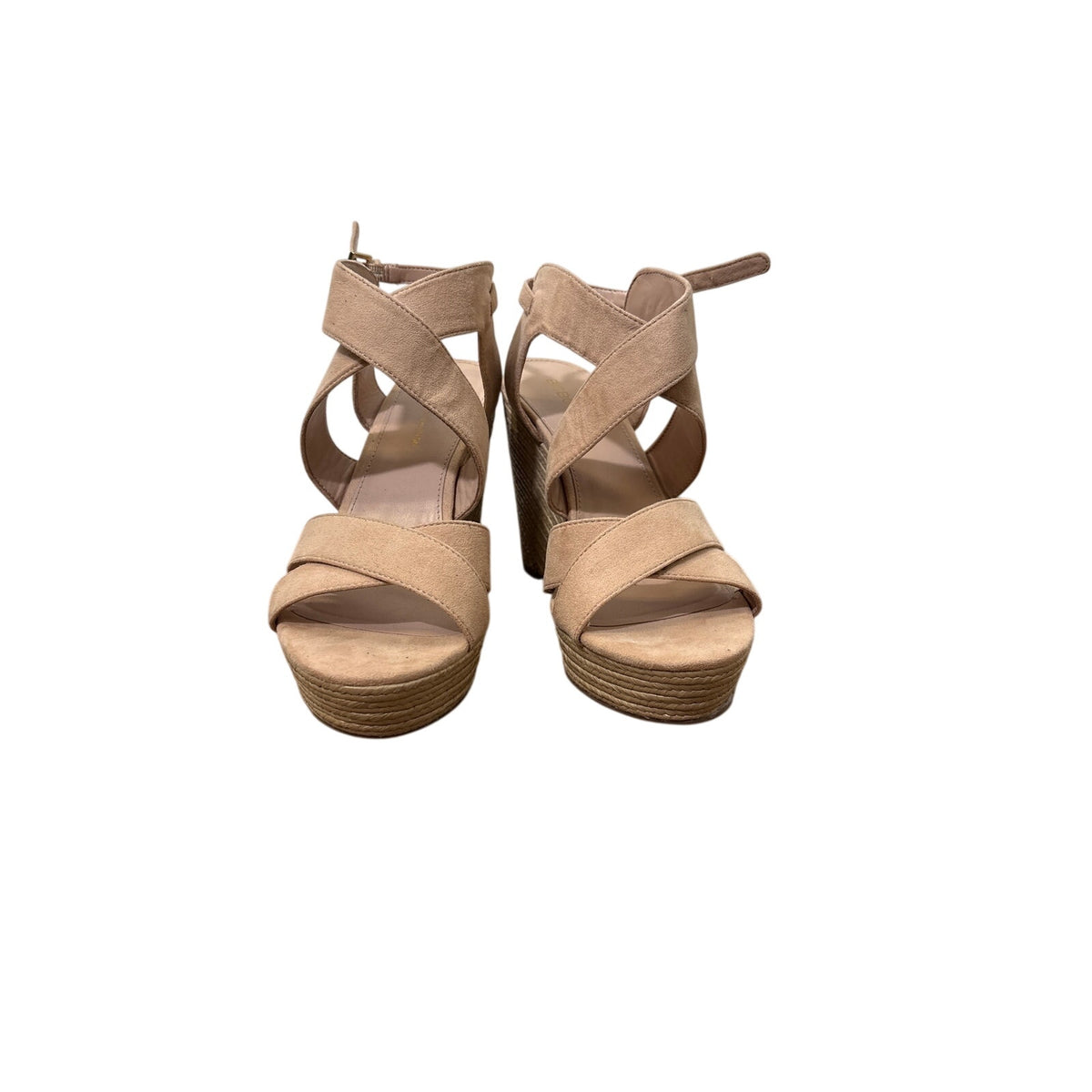 BCBG Camel Jaida Criss Cross Wedges Sz 8