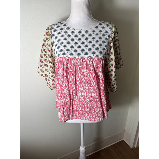 Emerson Fry / India Collection Pink and Blue Block Print Cotton Top  Sz S