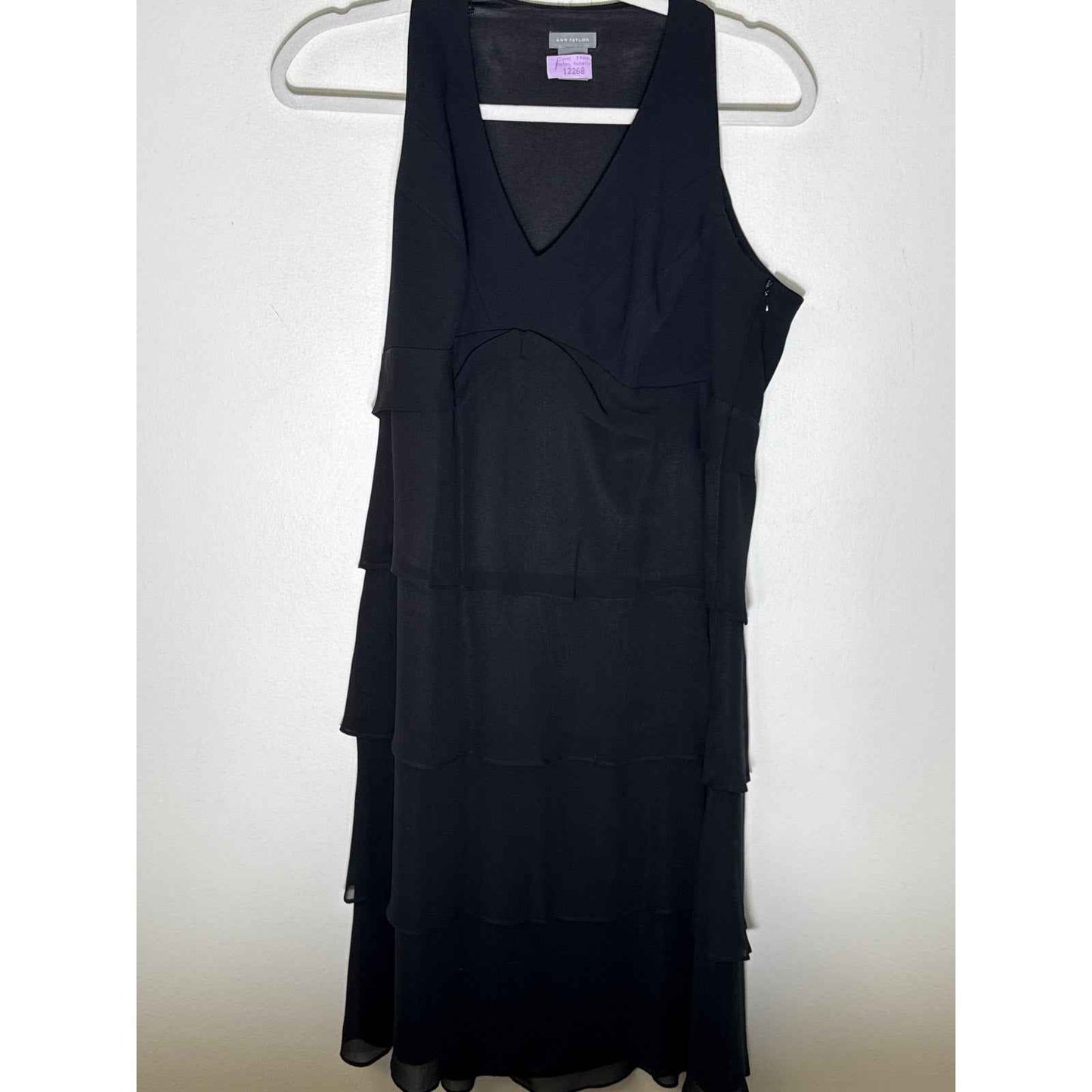 Ann Taylor Black Sleeveless V-Neck Layered Ruffle Dress Sz 12