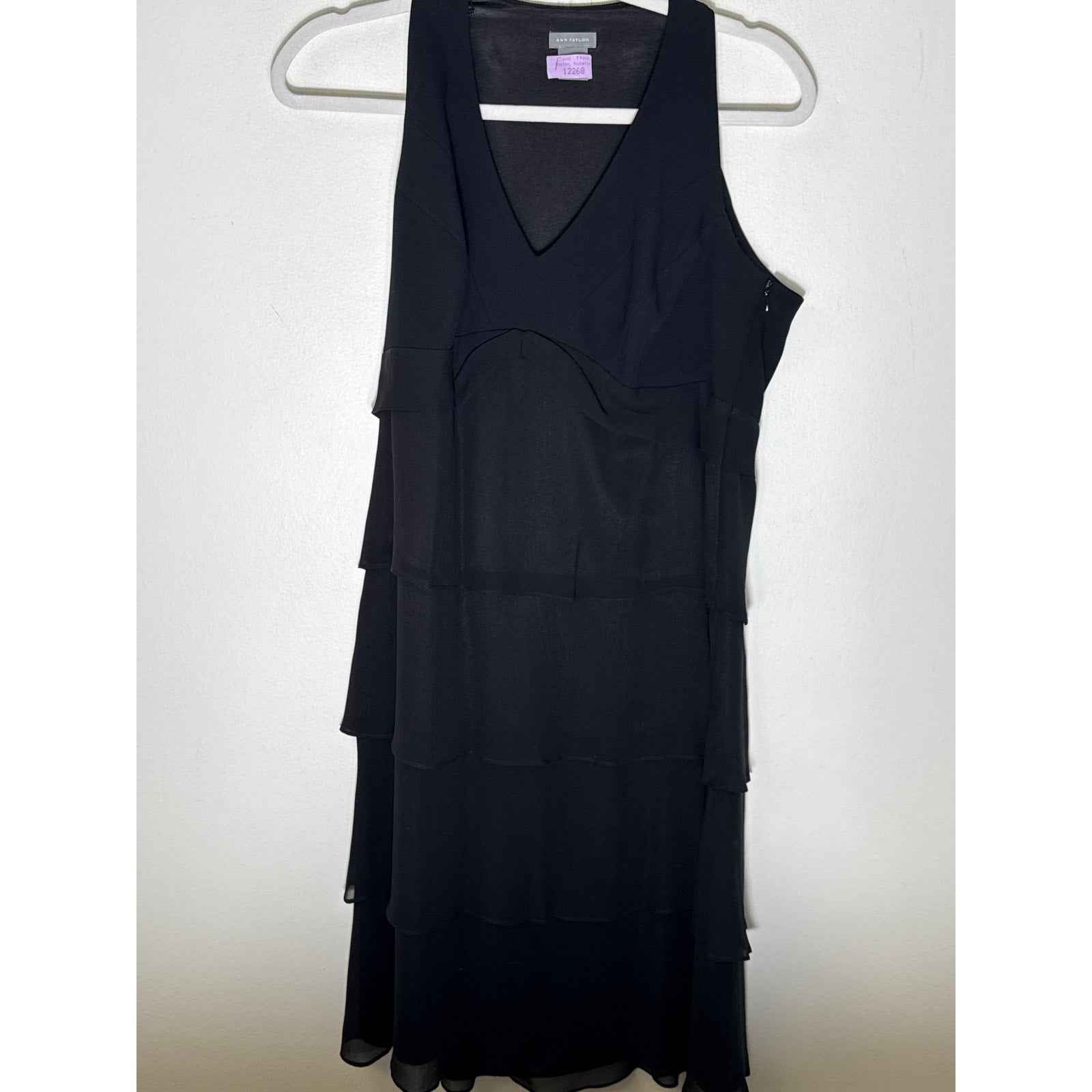 Ann Taylor Black Sleeveless V-Neck Layered Ruffle Dress Sz 12