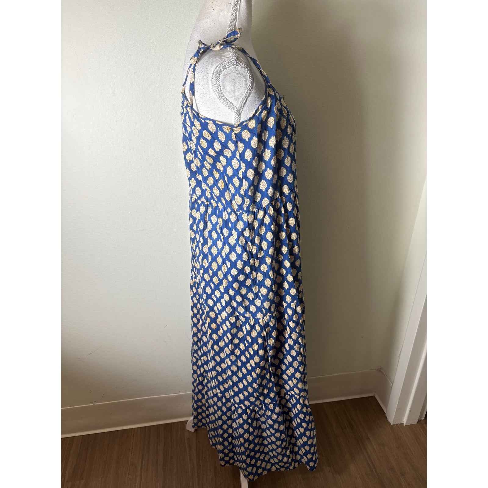India Collection Blue Yellow Cotton Button UP Spaghetti Strap Maxi Dress Sz Xs/S