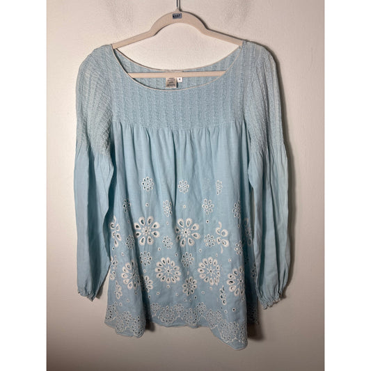 Sophie Max Light Blue Long Sleeve White Eyelet Cotton Top Sz M