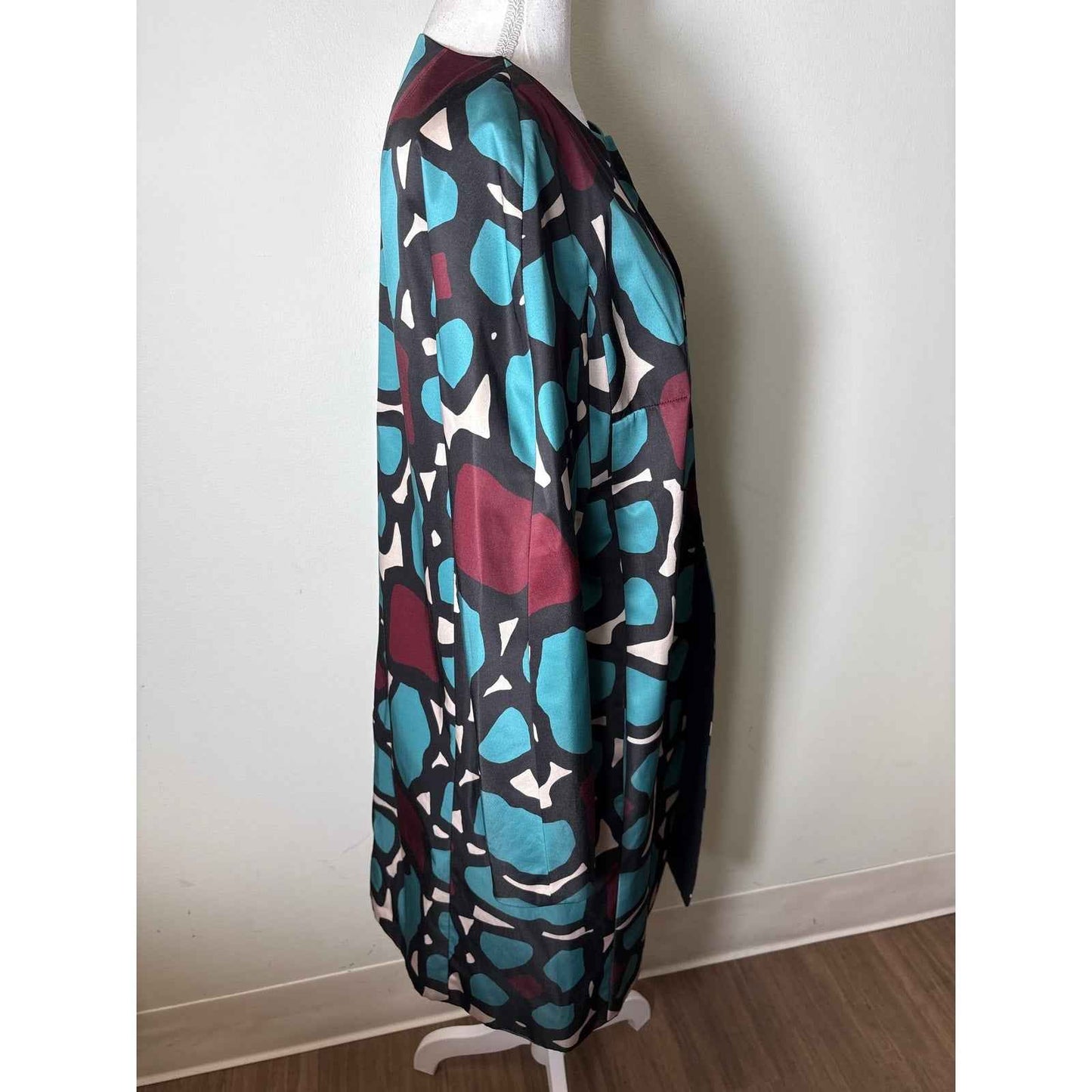 Paule Ka Blue Abstract Print Crepe Round Neck Coat Sz 42 (12/14)