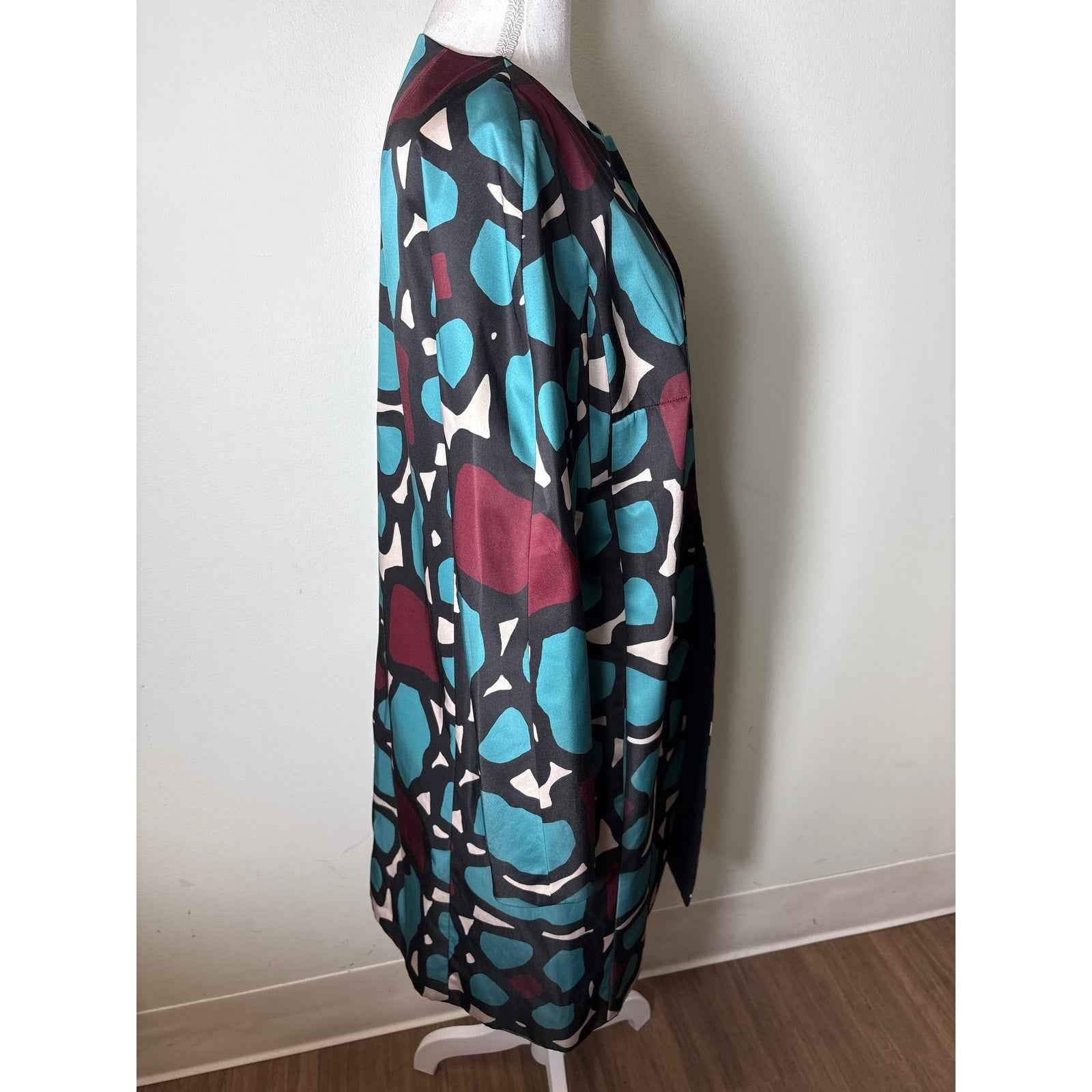 Paule Ka Blue Abstract Print Crepe Round Neck Coat Sz 42 (12/14)