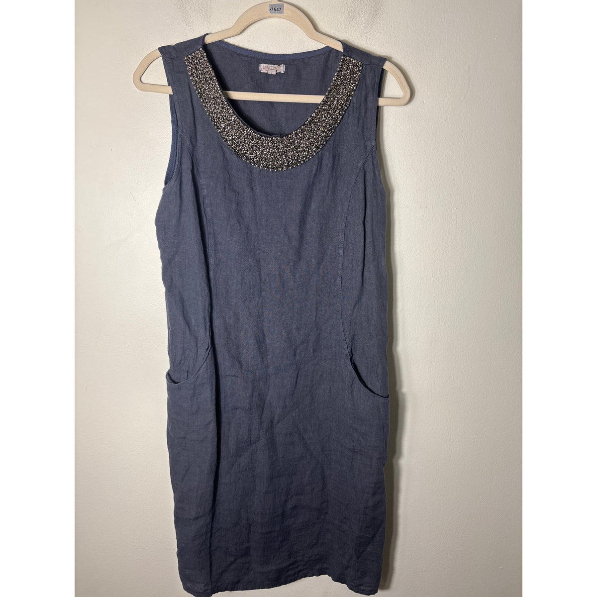 Lina Tomei Gray Linen Mixed Media Sleeveless Dress Sz L