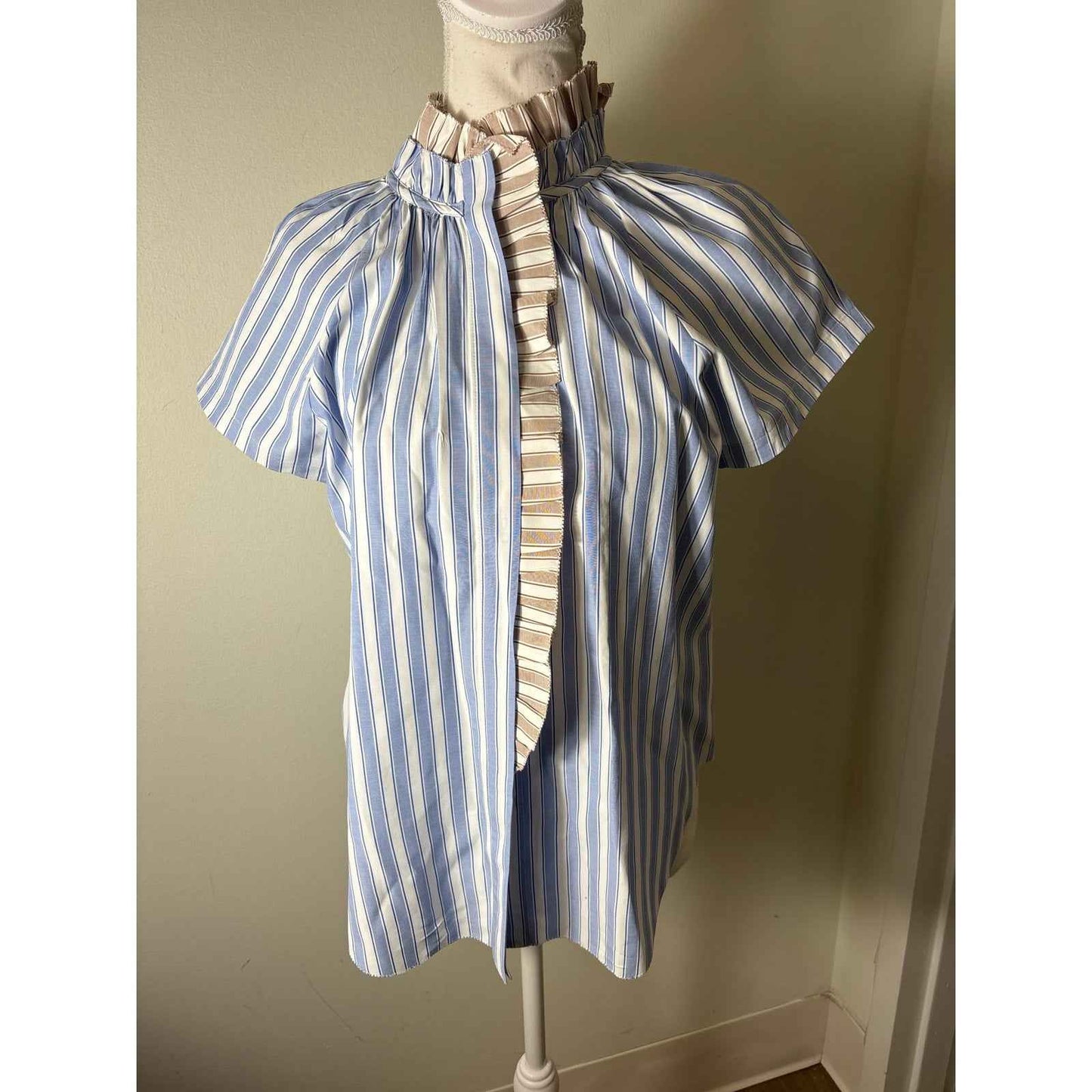 Sundays Blue Tan Stripe Cap Sleeve Button Up Ruffled High Collar Sz S