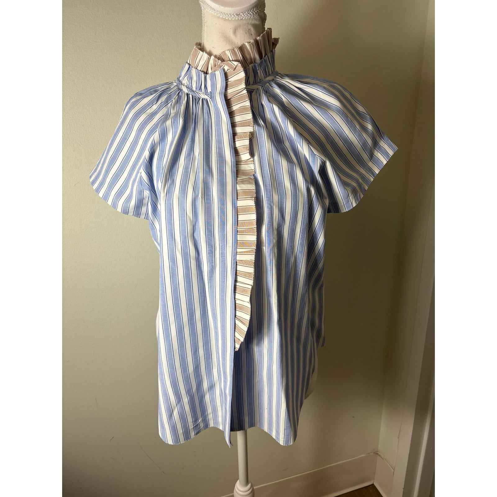 Sundays Blue Tan Stripe Cap Sleeve Button Up Ruffled High Collar Sz S