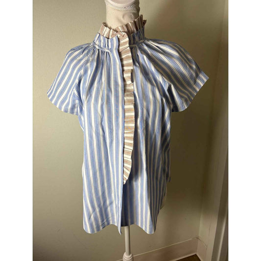 Sundays Blue Tan Stripe Cap Sleeve Button Up Ruffled High Collar Sz S