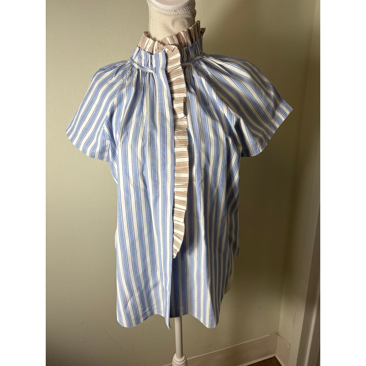 Sundays Blue Tan Stripe Cap Sleeve Button Up Ruffled High Collar Sz S
