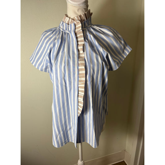 Sundays Blue Tan Stripe Cap Sleeve Button Up Ruffled High Collar Sz S