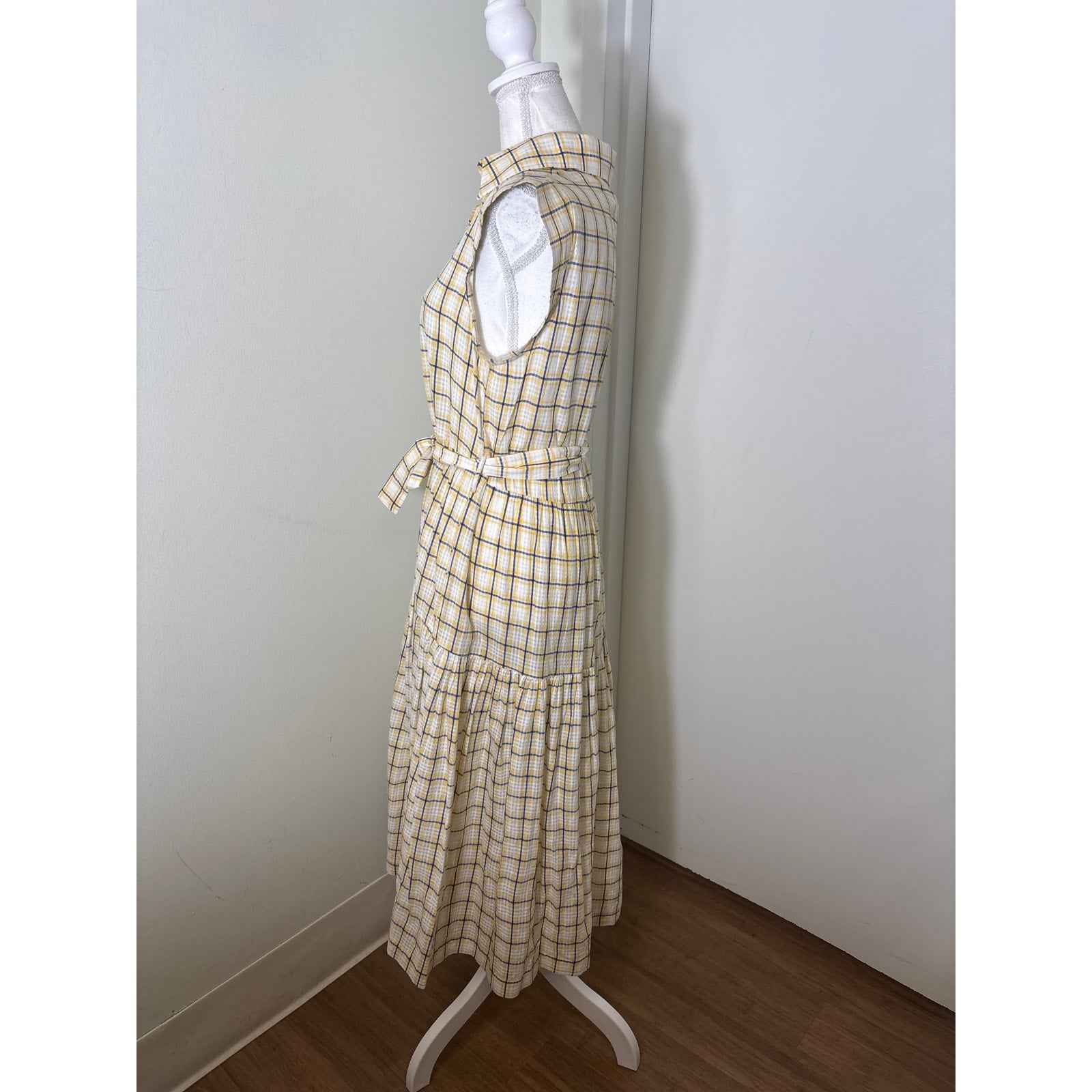 Mii Au Jardin Blue and Yellow Plaid Cap Sleeve Maxi Dress sz M