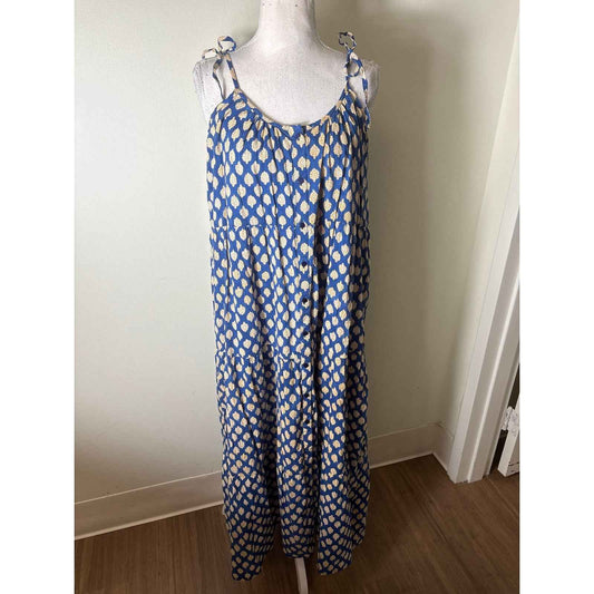 India Collection Blue Yellow Cotton Button UP Spaghetti Strap Maxi Dress Sz Xs/S