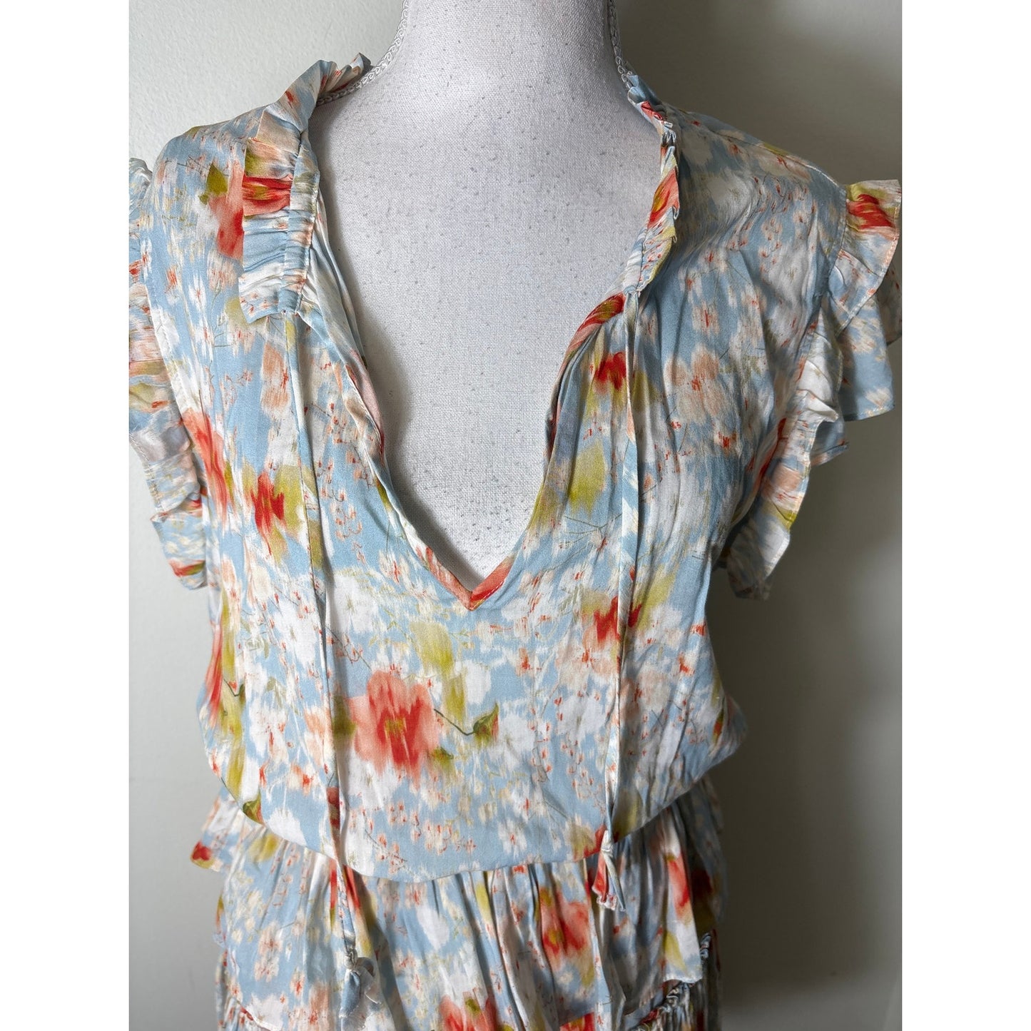 Misa Pastel Ruffle Tiered Fluttere Sleeve Mini Dress Sz S