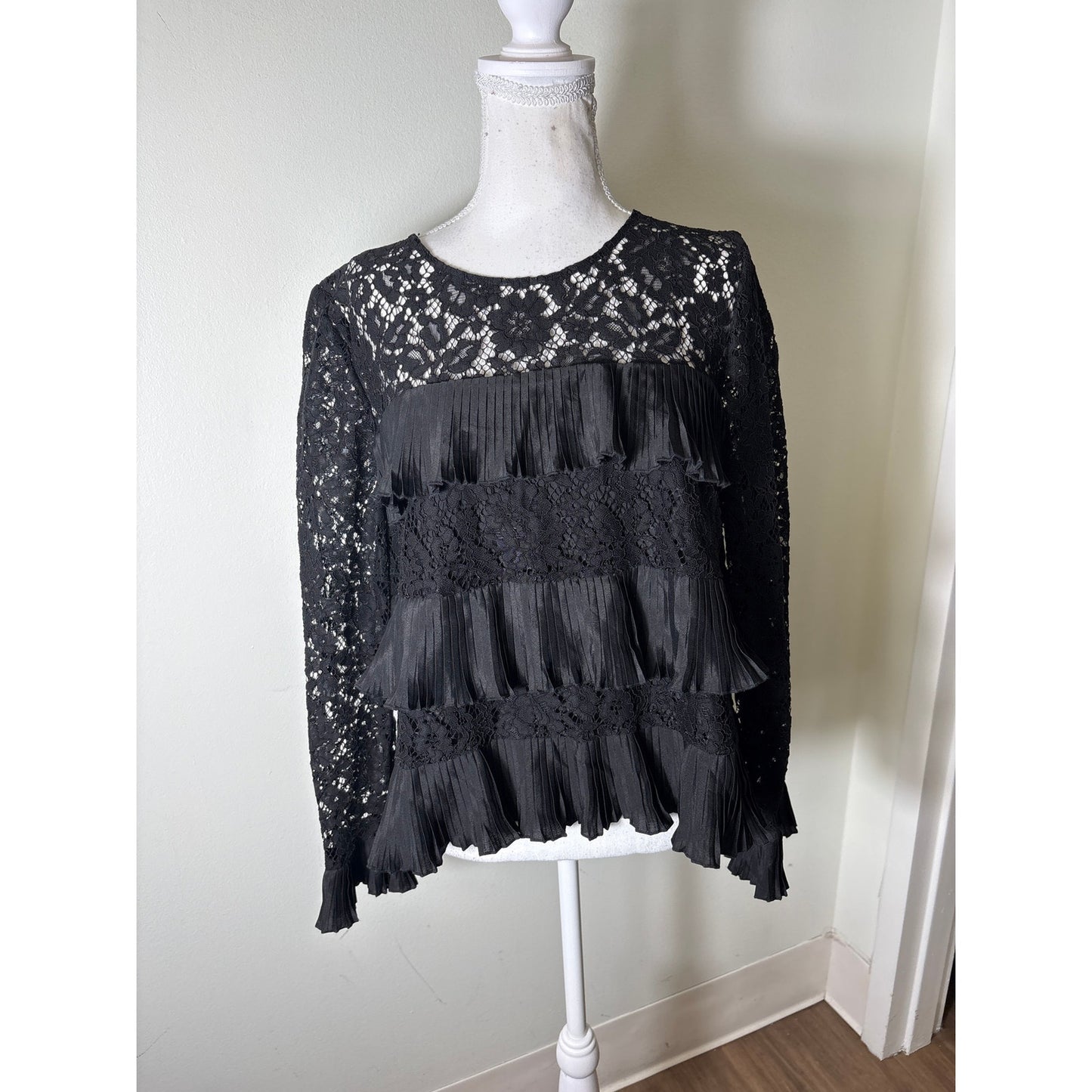 NWT J. Crew Black Long Sleeve Lace and Ruffle Top Sz 12