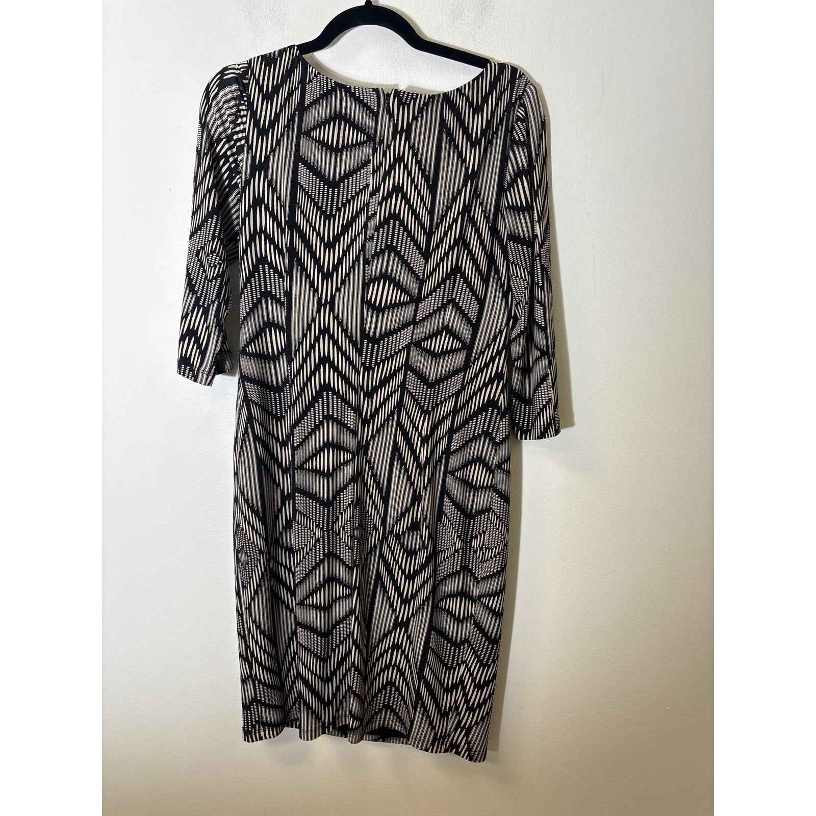 David Meister Black White Geo Print 3/4 Sleeve Knee Length Dress Sz 10